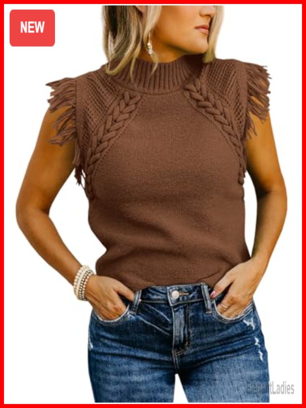 Sleeveless Sweater Vest Mock Neck Cable Knit Fringe Cap Sleeve Boho Pullover